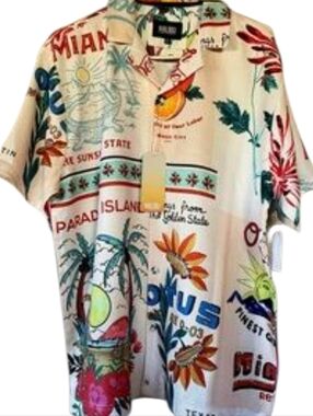 NWT, Malibu, Men's Short Sleeve Tropical Print Shirt - Cream Multi
